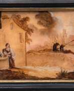 Обзор. Hinterglasbild 18. Jh. &quot;Südländische Landschaft mit Anglern und junger Frau beim Wasser holen&quot;, Goldgrundmalerei, undeutl. sign. u.r. &quot;R. ..&quot;, 13x17,5 cm, Rahmen