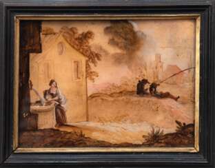 Hinterglasbild 18. Jh. &quot;Südländische Landschaft mit Anglern und junger Frau beim Wasser holen&quot;, Goldgrundmalerei, undeutl. sign. u.r. &quot;R. ..&quot;, 13x17,5 cm, Rahmen