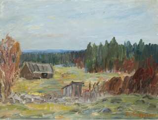 Dänischer Maler 20 Jh. &amp;quot;Waldhütte&amp;quot;, Öl/ Lw., undeutl. sign. u.r., Farbverluste am linken Rand und im Himmel, 50x61 cm, Rahmen