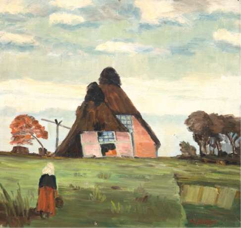 Böttjer, Martin (1895-1971 Worpsweder Maler, Schüler von Walter Bertelsmann) "Worpsweder Gehöft", Öl/ Karton, sign. u.r., 47,5x50 cm, ungerahmt - Foto 1