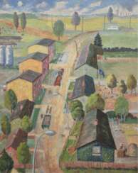 Rutenbeck, Harry (1938 Schwaan- ?) &quot;Dorfleben in der DDR&quot;, Öl/ Hartfaser, rückseitig bez., 51x41,5 cm, Rahmen (H. Rutenbeck gehörte zu den teilweise in Schwaan ansässigen malenden Laienschaffenden. Er erhielt i…