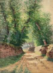 Wachenhusen, Friedrich (1859 Schwerin-1925 Schwerin) &quot;Sommerlicher Landweg&quot;, Aquarell, sign. u.l., 53x36 cm, im Passepartout hinter Glas und Rahmen (Studium in Karlsruhe, Berlin und Weimar, tätig ebd., auf Sylt…