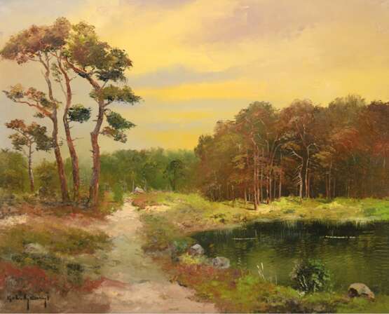 "Waldlandschaft in der Abendsonne", Öl/ Lw., undeutl. sign. u.l., 60x71 cm, ungerahmt - Foto 1