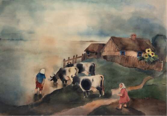 Alifo (Alice Brasse Forstmann 1903-1990) "Russisches Dorf mit Kühen an der Tränke", Aquarell, sign. u.r. und dat. ´38, 37,5x39 cm, ungerahmt - фото 1
