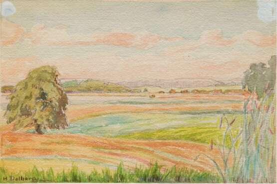 Dolberg, Helene (1881 Barkow-1979 Hildesheim) "Weite Seenlandschaft", Aquarell, sign. u.l., Flecke durch Klebepunkte, 21x27,5 cm, ungerahmt (seit 1925 Teilnahme an Ausstellungen in Leipzig, Rostock und Schweri… - Foto 1