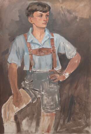 Schubert, Otto (1892 Dresden- 1970 Dresden) "Junge in Lederhosen", Öl/ Lw., unsign., 116x75 cm, ungerahmt) O.Schubert studierte 1906-09 an der Kunstgewerbeschule Dresden und arbeitete von 1909 bis 1913 als Bühn… - photo 1