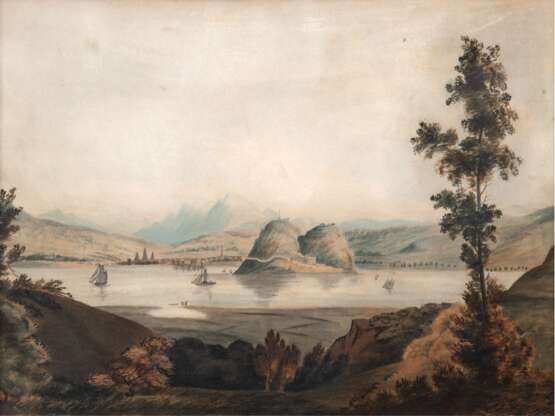 Landschaftsmaler 19. Jh. "Bergsee mit Segelbooten", Aquarell, unsign., 30x37 cm, hinter Glas und Rahmen - photo 1