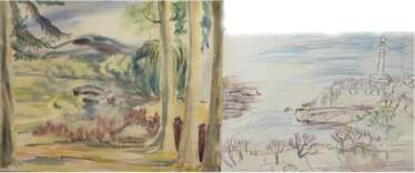 2x Lemke-Wilk, Anneliese (1921 Blumenau/Brasilien) &quot;Kurpark Bad Pyrmont&quot;, Aquarell, sign. u.l. und dat. 1981, bez. u.r., 36x47,5 cm und &quot;Meeresblick mit Leuchtturm&quot;, Mischtechnik, unsign., 29,5x40,5 c…