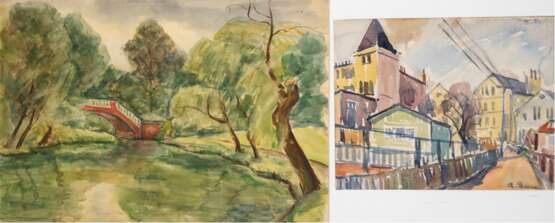 2x Diener, Rolf (1906 Gößnitz-1988 Hamburg) "Landschaft mit Brücke über den Fluß", Aquarell, rückseitig Nachlaßstempel, 27,5x42 cm, ungerahmt und "Stadtansicht", Aquarell, sign. u.r., 20x27 cm, im Pas… - Foto 1