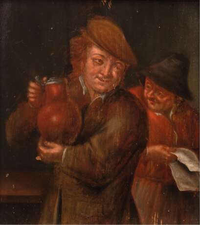 Holländischer Maler um 1800 "Gespräche im Wirtshaus", Öl/ Holz, 18x16 cm, Rahmen - photo 1