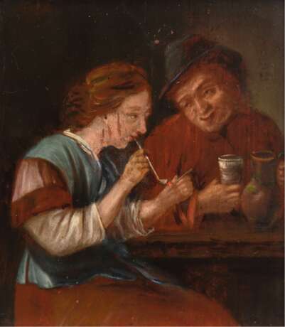 Holländischer Maler um 1800 "Pärchen im Wirtshaus", Öl/ Holz, unsign., 18x16 cm, Rahmen - Foto 1