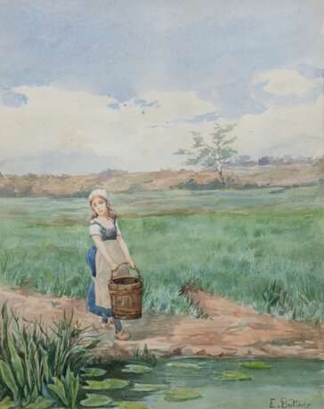 Büttner, E. "Mädchen beim Wasser holen", Aquarell, sign. u.r., 28x22 cm, im Passepartout hinter Glas und Rahmen - Foto 1