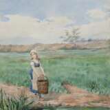 Büttner, E. "Mädchen beim Wasser holen", Aquarell, sign. u.r., 28x22 cm, im Passepartout hinter Glas und Rahmen - фото 1