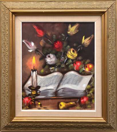 Maler (Schweden 20. Jh.) "Stilleben mit Blumen, Kerze und Buch auf dem Tisch", Öl/ Lw., undeutl. sign. u.r., 45x38 cm, Rahmen - Foto 1