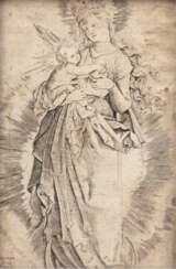 Dürer, Albrecht (1471 Nürnberg-1528 ebenda) &quot;Maria mit der Sternenkrone&quot;, Stich, in der Platte monogr., beschnitten, gebräunt und fleckig, 10x6,8 cm, hinter Glas und Rahmen (Der fränkische Maler Albrecht Dürer …