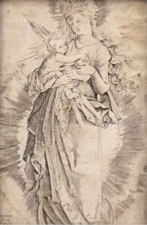 Dürer, Albrecht (1471 Nürnberg-1528 ebenda) "Maria mit der Sternenkrone", Stich, in der Platte monogr., beschnitten, gebräunt und fleckig, 10x6,8 cm, hinter Glas und Rahmen (Der fränkische Maler Albrecht Dürer … - фото 1
