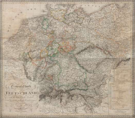 Karte "General Charte von Teutschland", kolorierter Kupferstich, nach C.F. Weiland bei Geograph Institut Weimar, dat. 1815, mit altem Grenzkolorit, betitelt u.l., Farberklärungen u.r., 58x61 cm, hinter Folie, u… - фото 1