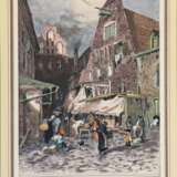 Schönleber, Gustav (1851 Bietigheim-1917 Karlsruhe) "Schlächtergang in Rostock", kolorierter Holzstich um 1880, unten mittig bez., 20,5x13 cm, im Passepartout, ungerahmt - фото 1