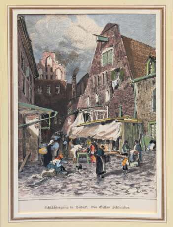 Schönleber, Gustav (1851 Bietigheim-1917 Karlsruhe) "Schlächtergang in Rostock", kolorierter Holzstich um 1880, unten mittig bez., 20,5x13 cm, im Passepartout, ungerahmt - Foto 1