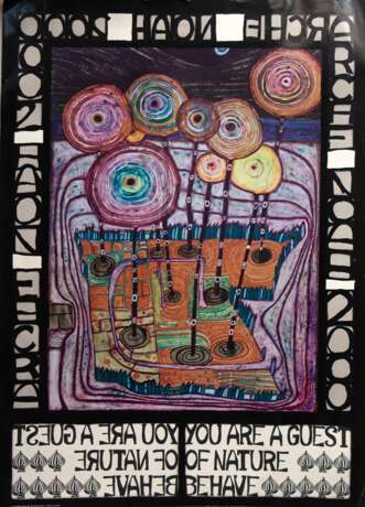 Hundertwasser-Plakat "Arche Noah 2000", Offsetdruck in 6 Farben mit Metallprägungen, Gruener Janura AG, Glarus/ Switzerland/ Printed in Germany, Ränder knickfaltig, Blattgröße 83,5x59 cm, ungerahmt - photo 1