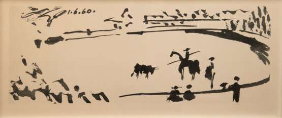 Nach Picasso, Pablo (1881 Malaga-1973 Mougins) "Die Arena", Litho. auf Büttenpapier, im Stein sign. und dat. 1.6.60, 38x83 cm, hinter Glas und Rahmen - Foto 1