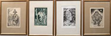 4 Radierungen Boomers, Jan (1927-1999) &quot;Surrealistische Szenen&quot;, verschiedene Motive, mit Bleistift sign. und dat., nummeriert u.l., 24x16,5 cm bis 22x17 cm, jeweils im Passepartout hinter Glas und Rahmen