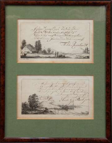 2 Stiche 18. Jh. "Landschaftsdarstellungen mit Personen", bez. "G.E.F.Seidel", 1x dat, "Nürnberg 26. Sept. 1800". an den Rändern gebräunt, je 8x14,5 cm, im Passeparto… - Foto 1