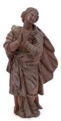 Heiligen-Figur &amp;quot;Betende Madonna&amp;quot;, 19. Jh., Holz plastisch geschnitzt, patiniert, mehrere Risse und Bestoßungen, H. 52 cm