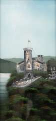 Hinterglasmalerei &quot;Burg Stolzenfels bei Koblenz&quot;, mit eingelegten Perlmutterglanzlichtern, 36,5x16,5 cm, Rahmen