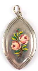 Anhänger um 1900, 800er Silber, emaillierter Rosenzweig, Maße mit Öse 3,8 x 2,1 cm