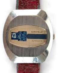 Herren-Armbanduhr &amp;quot;Caravelle&amp;quot;, 1970er Jahre, Stahlgehäuse und Lederarmband, gangfähig, Gebrauchspuren, 4,2x3,8 cm