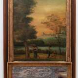 Spiegel mit Gemälde, 19. Jh., im oberen Bereich mit Darstellung von Personen in Flußlandschaft, monogr. "H.I.B.", Spiegelglas z.T. blind, Holzrahmen gefaßt, 170x81 cm - photo 1