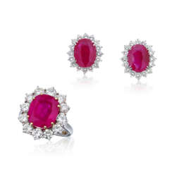 SET OF RUBY AND DIAMOND EARRINGS AND RING