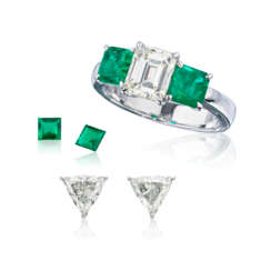NO RESERVE - EMERALD AND DIAMOND RING AND TWO UNMOUNTED EMERALDS; TOGETHER WITH A PAIR OF DIAMOND EARRINGS