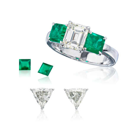 NO RESERVE - EMERALD AND DIAMOND RING AND TWO UNMOUNTED EMERALDS; TOGETHER WITH A PAIR OF DIAMOND EARRINGS - photo 1