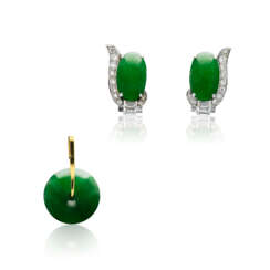 NO RESERVE - JADEITE AND DIAMOND EARRINGS; TOGETHER WITH A JADEITE PENDANT