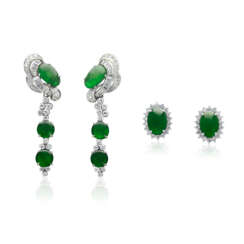 NO RESERVE - JADEITE AND DIAMOND PENDENT EARRINGS; TOGETHER WITH A PAIR OF JADEITE AND DIAMOND EARRINGS