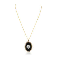 DIAMOND, ONYX AND SEED PEARL PENDENT NECKLACE