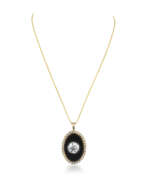Pearls. DIAMOND, ONYX AND SEED PEARL PENDENT NECKLACE