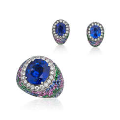 SET OF SAPPHIRE, COLOURED SAPPHIRE AND DIAMOND EARRINGS AND RING