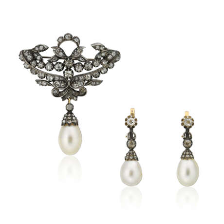 NO RESERVE - SET OF NATURAL PEARL AND DIAMOND BROOCH AND EARRINGS - photo 1