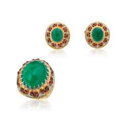 SET OF EMERALD, RUBY AND DIAMOND EARRINGS AND RING