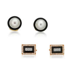 NO RESERVE - CULTURED-PEARL, DIAMOND AND ONYX CUFFLINKS; TOGETHER WITH ONYX AND DIAMOND CUFFLINKS