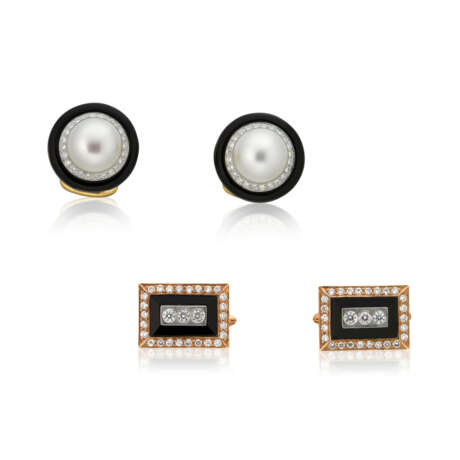 NO RESERVE - CULTURED-PEARL, DIAMOND AND ONYX CUFFLINKS; TOGETHER WITH ONYX AND DIAMOND CUFFLINKS - фото 1
