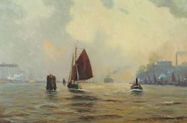 Petersen Maler des 20. Jh.. ''Hafenansicht'', mit Segelboote…