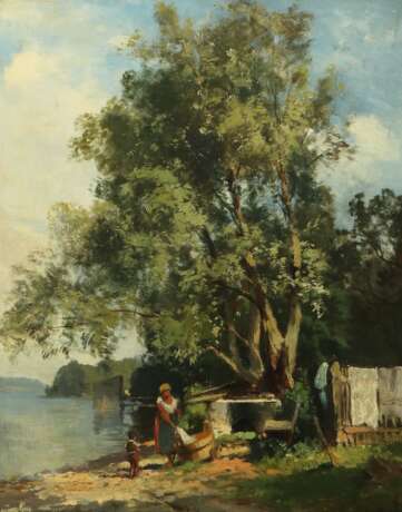 Son, J. Maler des 20. Jh.. ''Waschtag'', Blick auf das Fluss… - фото 1