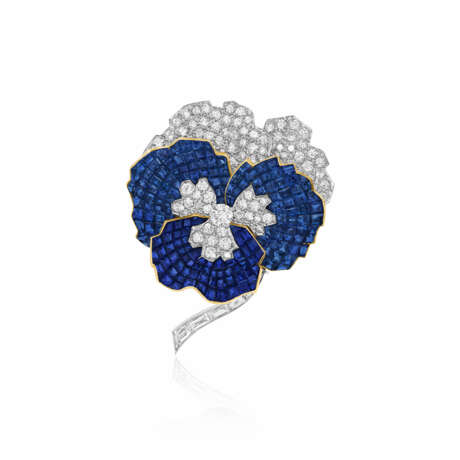 NO RESERVE | SAPPHIRE AND DIAMOND PANSY BROOCH - Foto 1