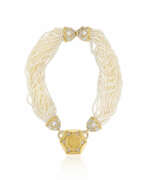 Mother-of-pearl. BULGARI CULTURED PEARL, MOTHER-OF-PEARL, DIAMOND AND COIN NECKLACE