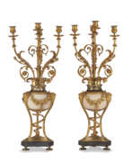 Marbre. A PAIR OF LATE LOUIS XVI ORMOLU AND WHITE MARBLE CANDELABRA