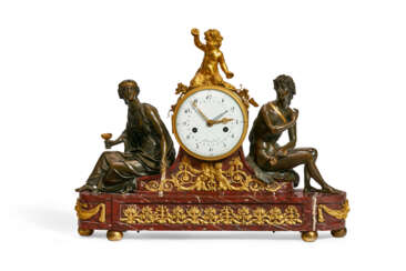 A LATE LOUIS XVI ORMOLU-MOUNTED ROUGE GRIOTTE MARBLE AND PATINATED-BRONZE MANTEL CLOCK